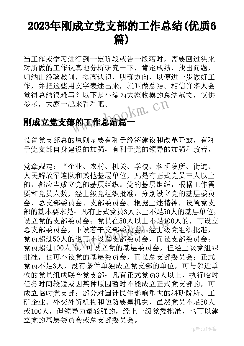 2023年刚成立党支部的工作总结(优质6篇)