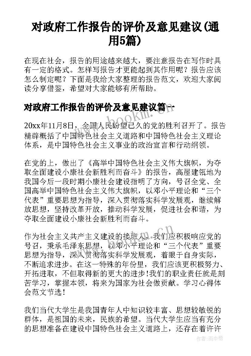 对政府工作报告的评价及意见建议(通用5篇)