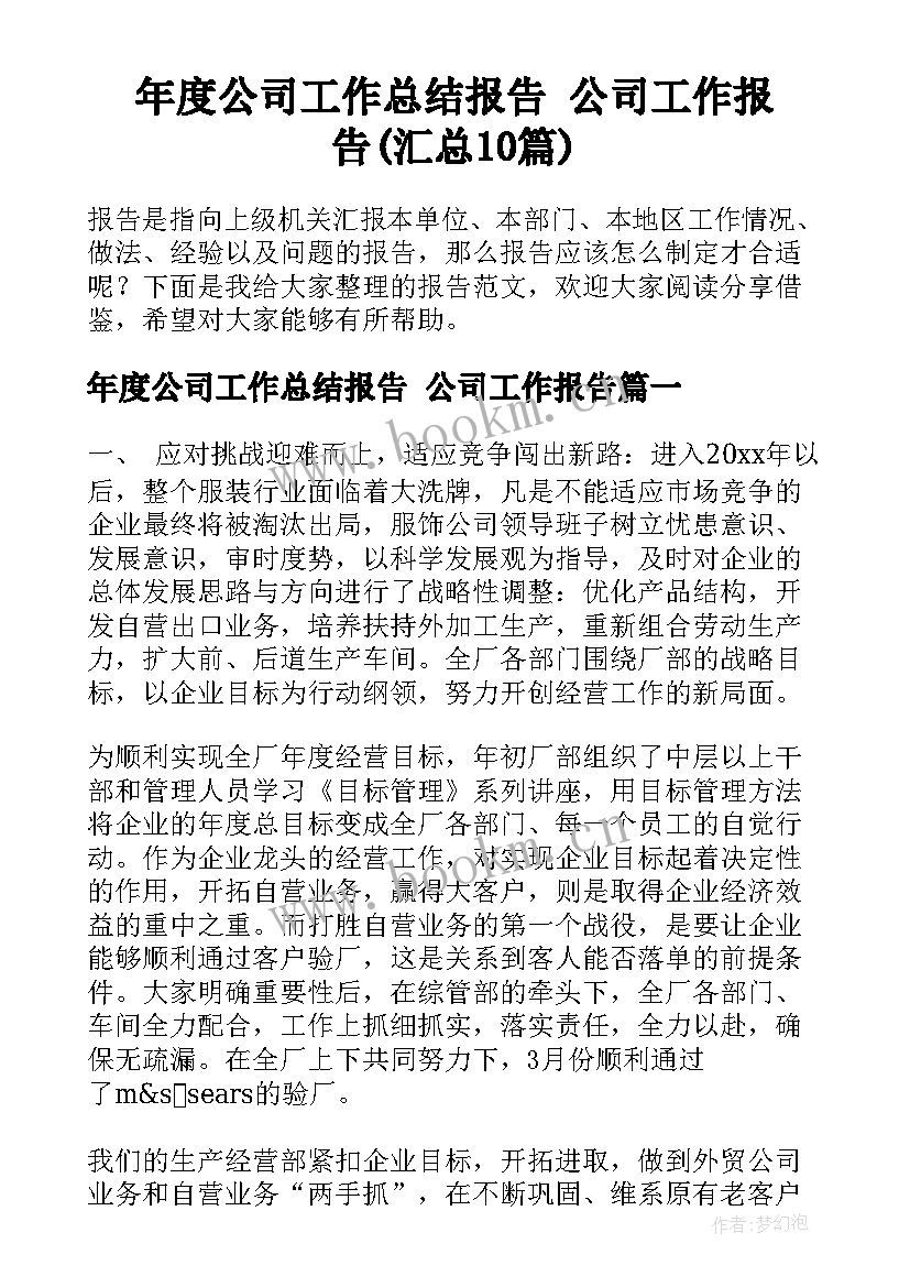 年度公司工作总结报告 公司工作报告(汇总10篇)