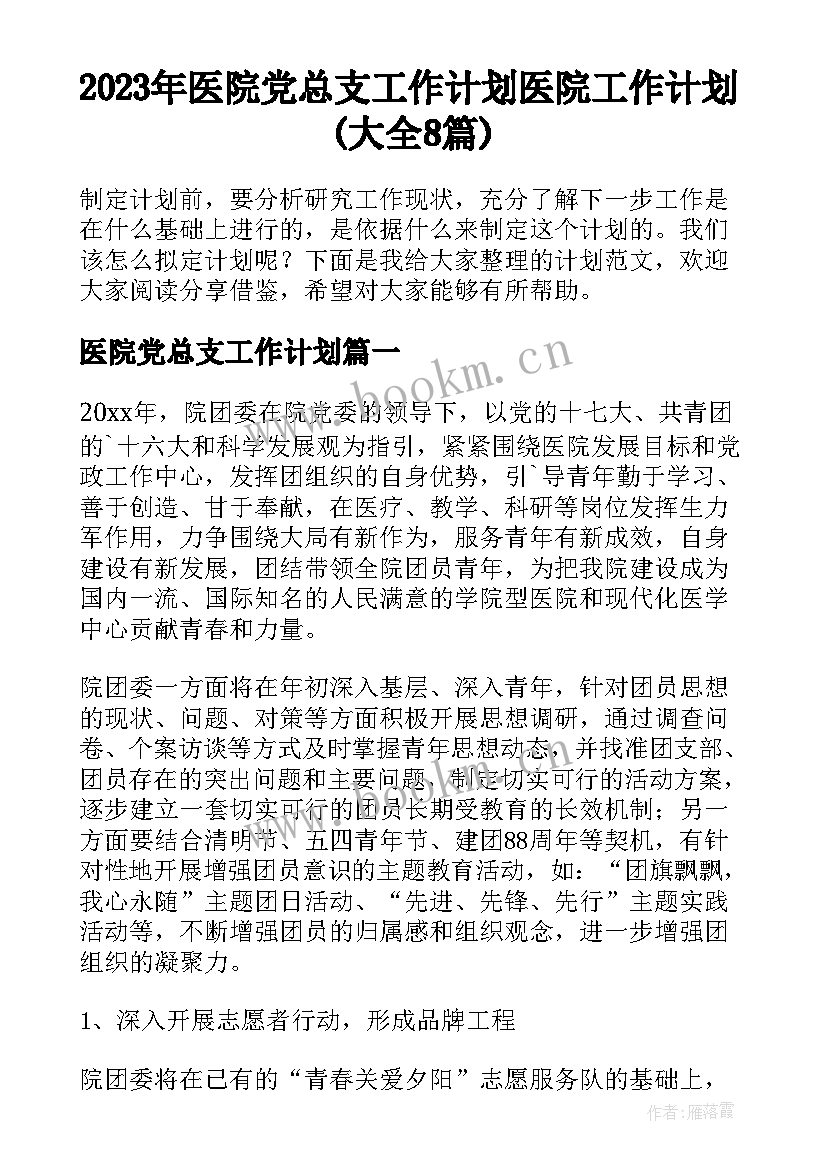 2023年医院党总支工作计划 医院工作计划(大全8篇)