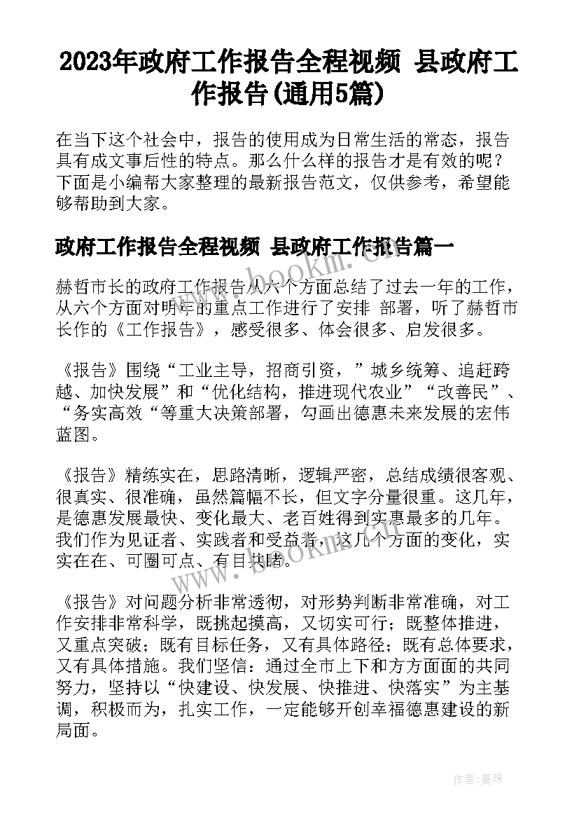 2023年政府工作报告全程视频 县政府工作报告(通用5篇)