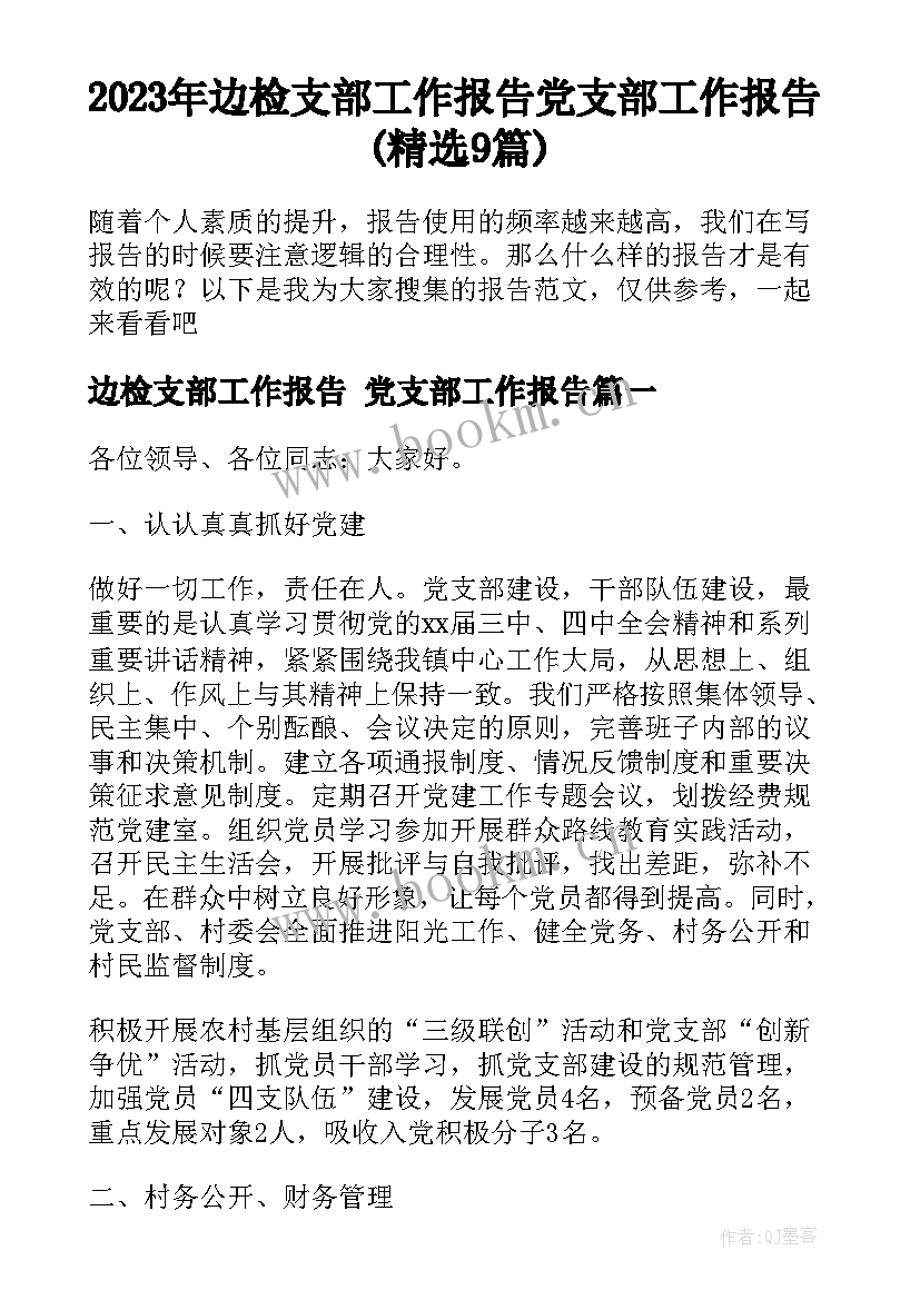 2023年边检支部工作报告 党支部工作报告(精选9篇)