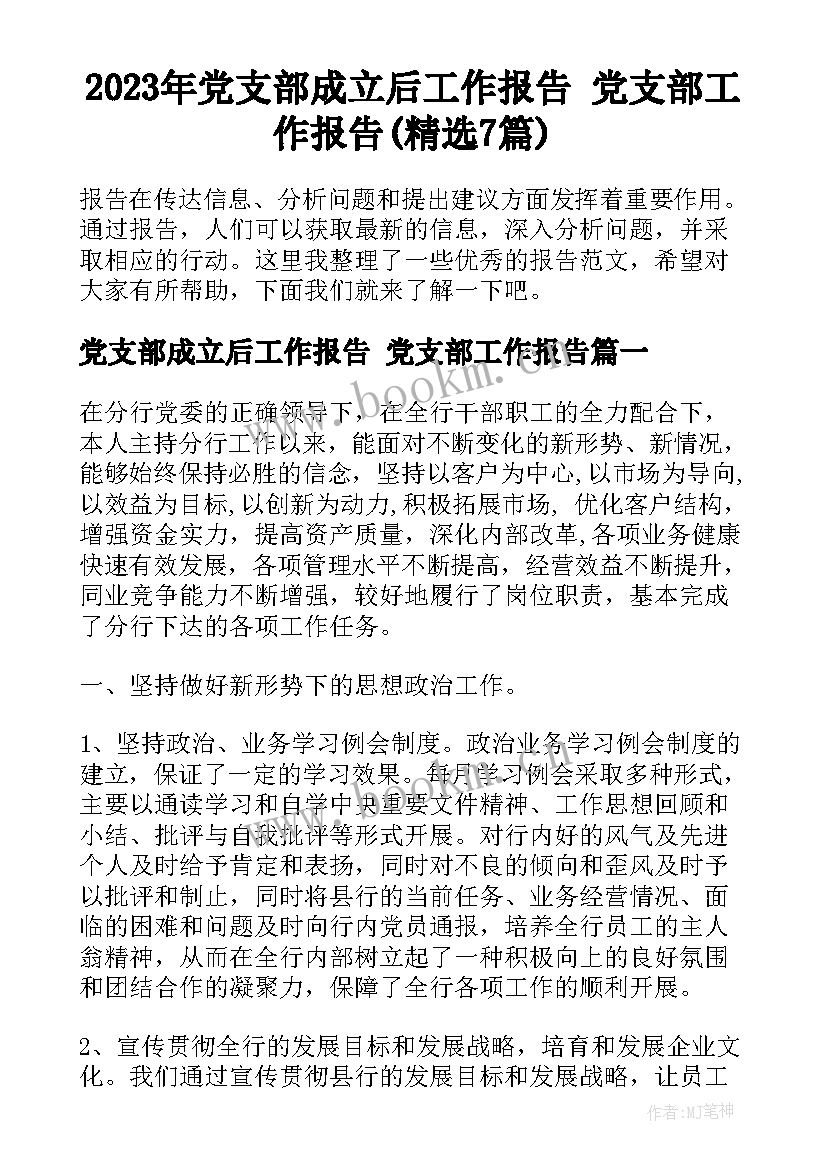 2023年党支部成立后工作报告 党支部工作报告(精选7篇)