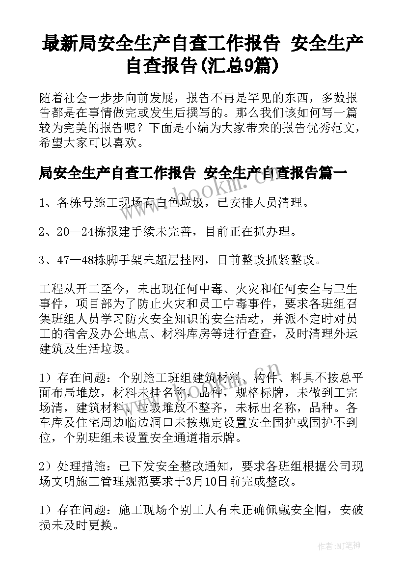 最新局安全生产自查工作报告 安全生产自查报告(汇总9篇)