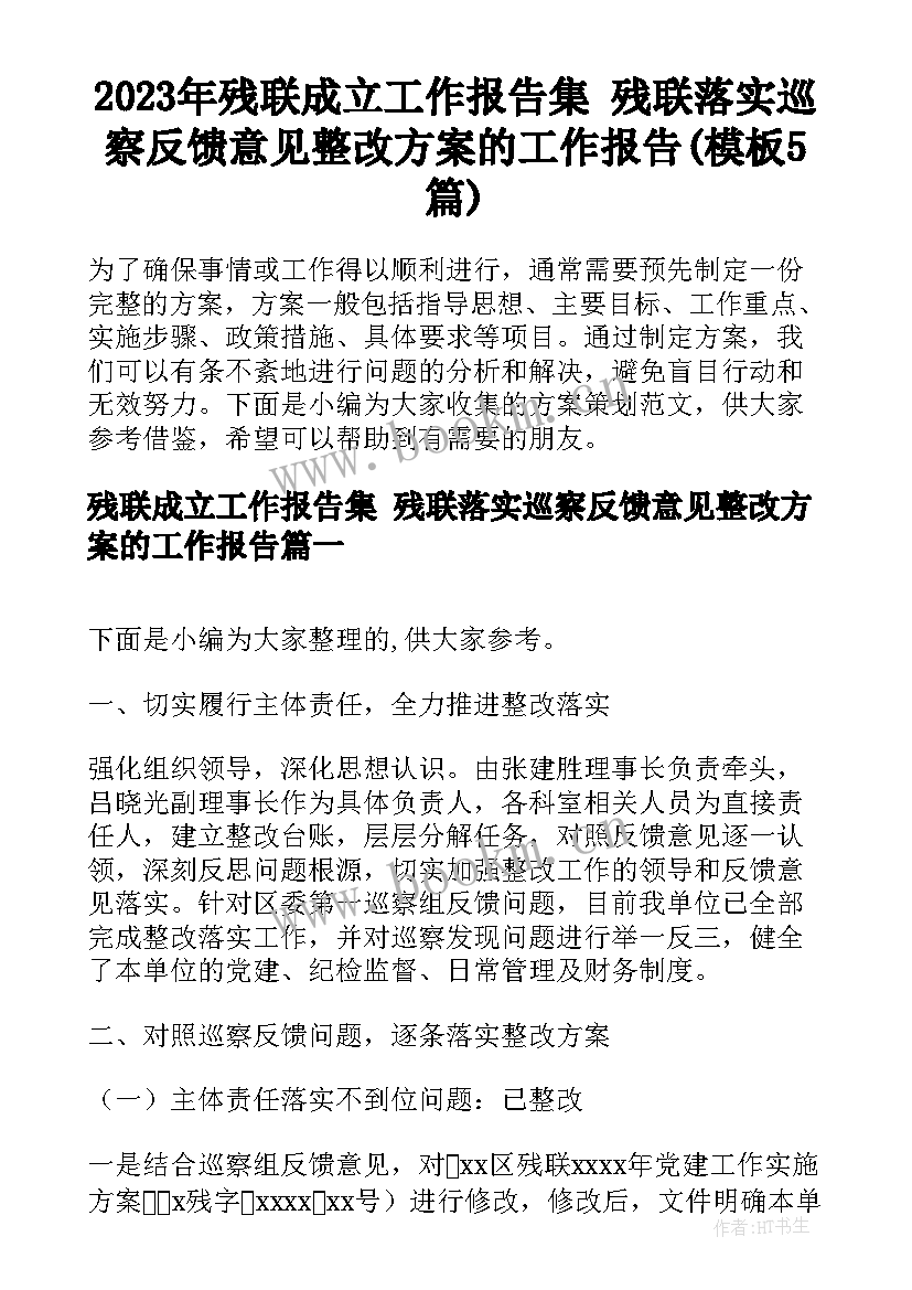 2023年残联成立工作报告集 残联落实巡察反馈意见整改方案的工作报告(模板5篇)