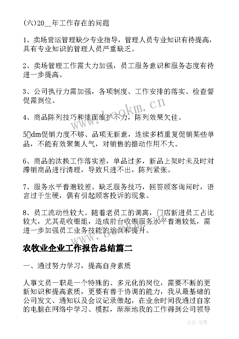 2023年农牧业企业工作报告总结(优秀6篇)