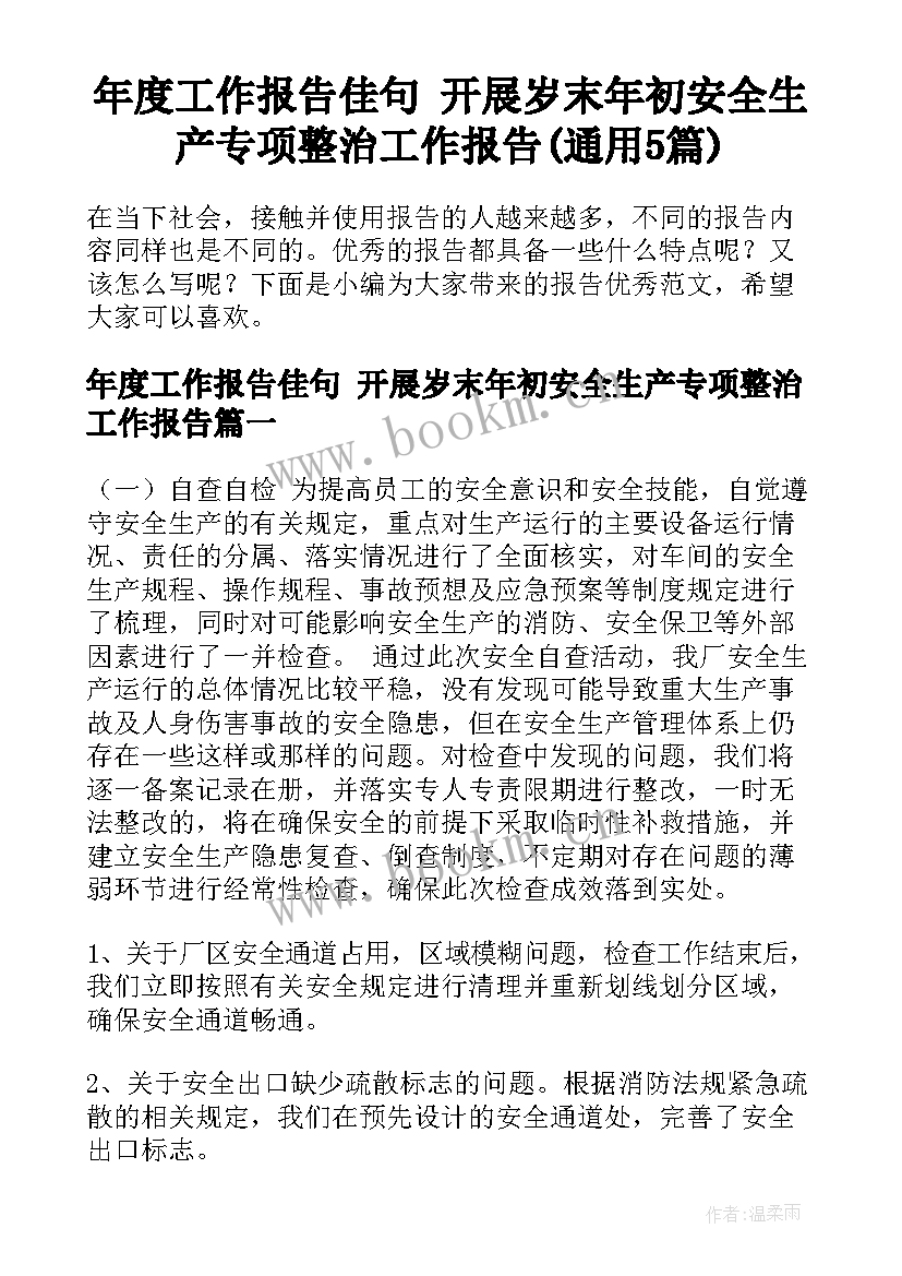 年度工作报告佳句 开展岁末年初安全生产专项整治工作报告(通用5篇)