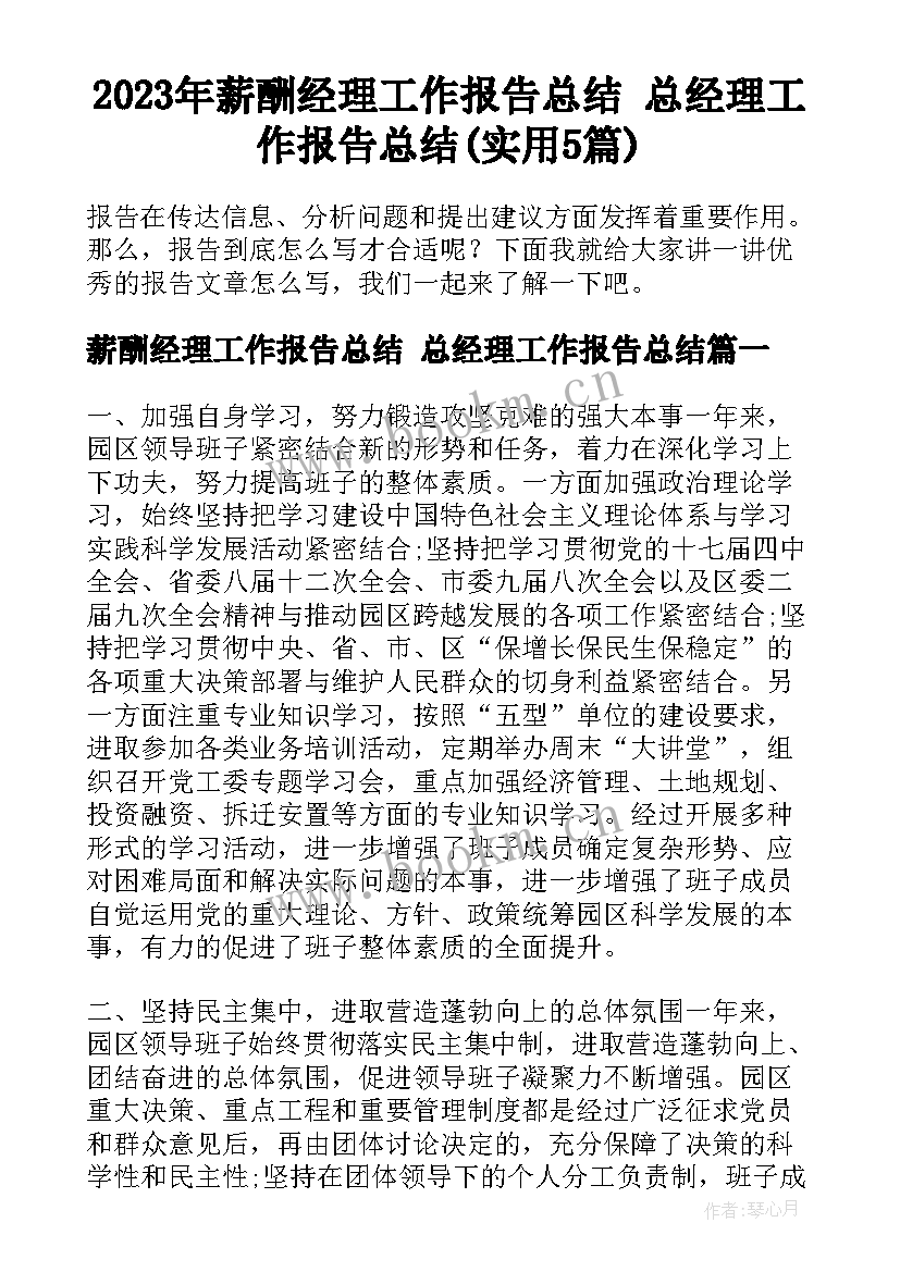 2023年薪酬经理工作报告总结 总经理工作报告总结(实用5篇)