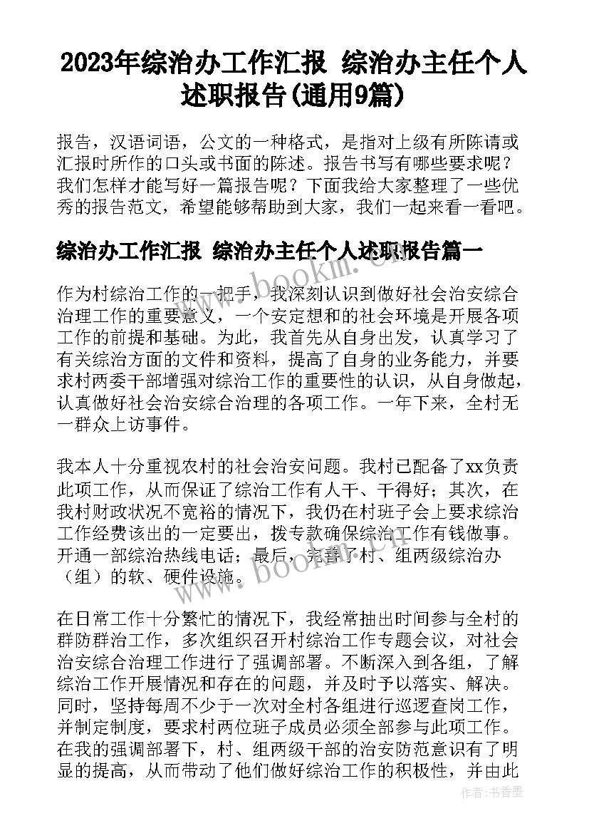 2023年综治办工作汇报 综治办主任个人述职报告(通用9篇)