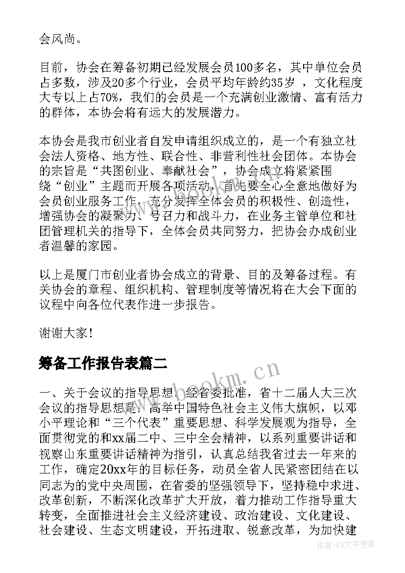 2023年筹备工作报告表(汇总7篇)