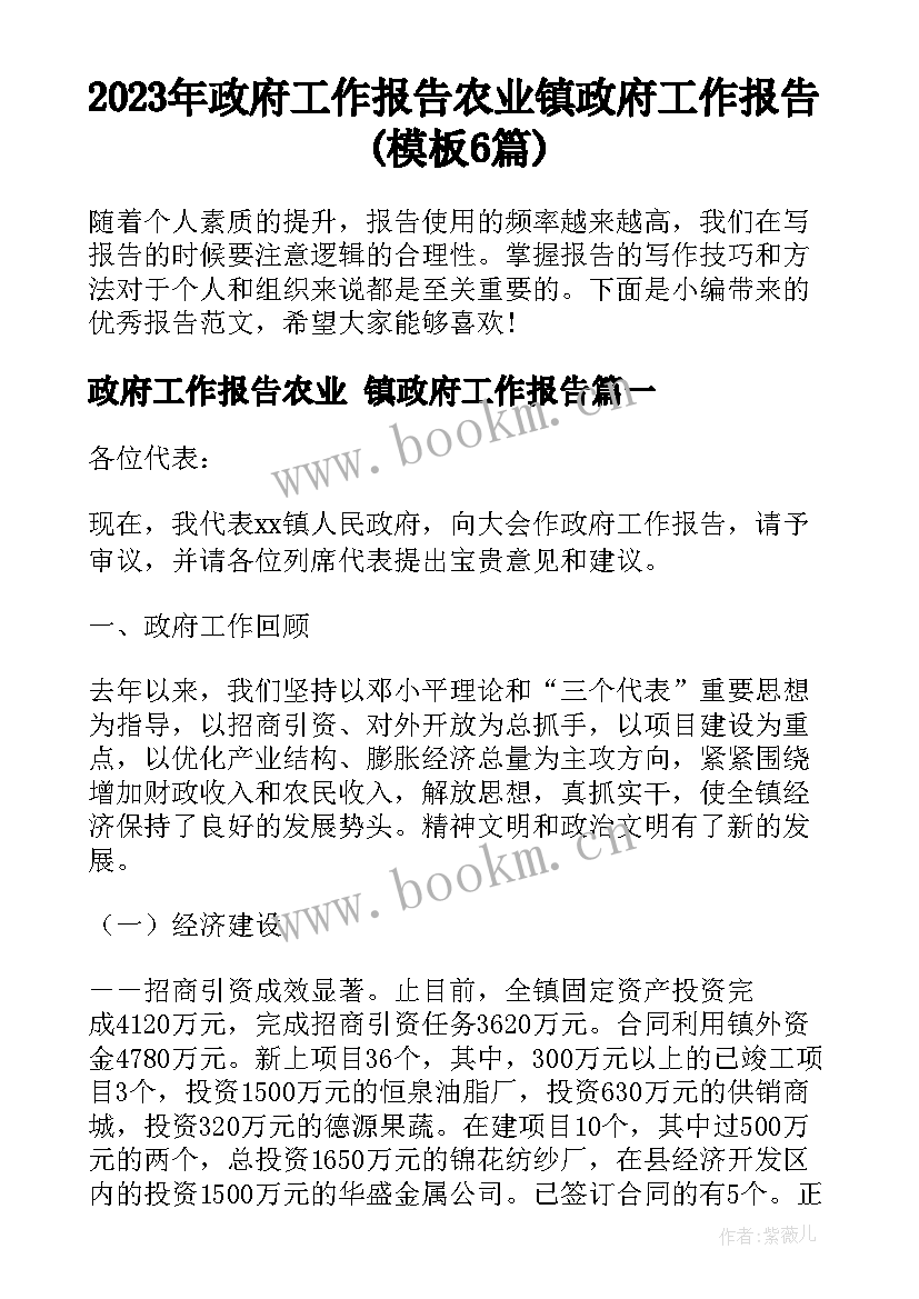 2023年政府工作报告农业 镇政府工作报告(模板6篇)