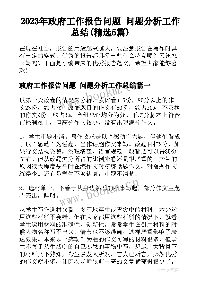 2023年政府工作报告问题 问题分析工作总结(精选5篇)