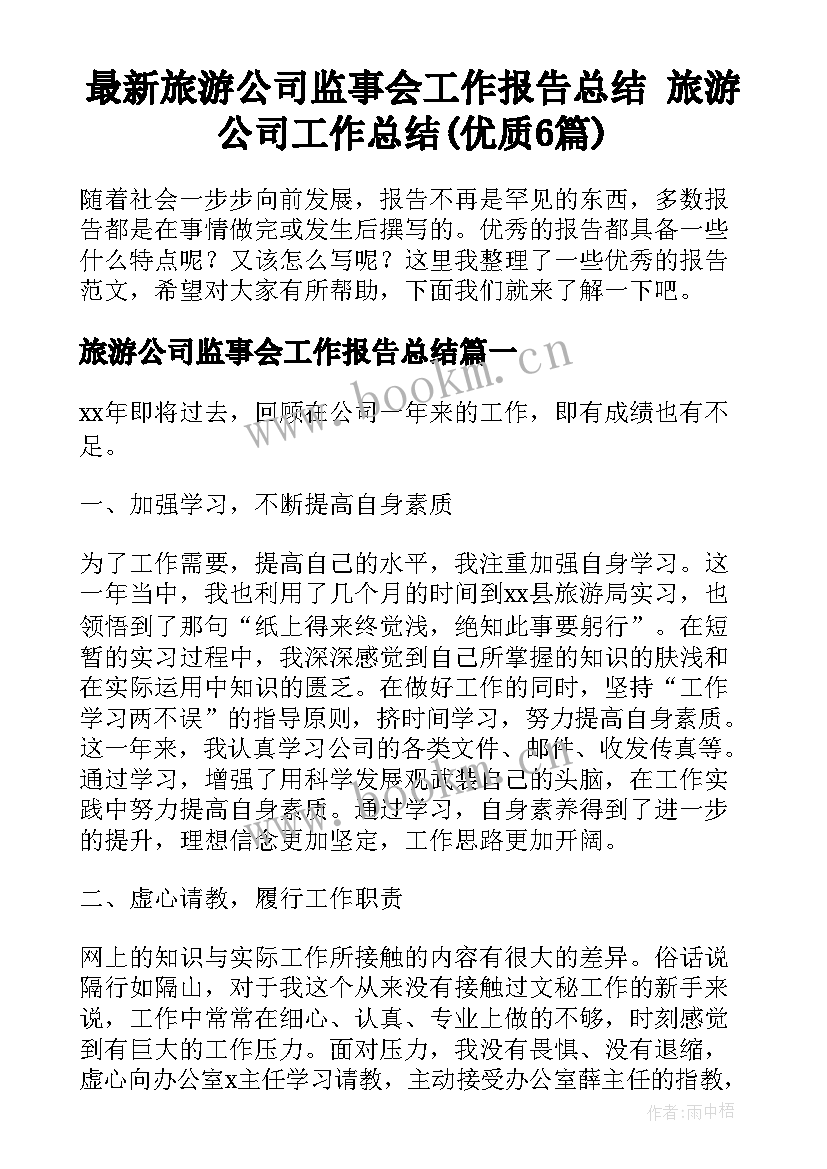 最新旅游公司监事会工作报告总结 旅游公司工作总结(优质6篇)