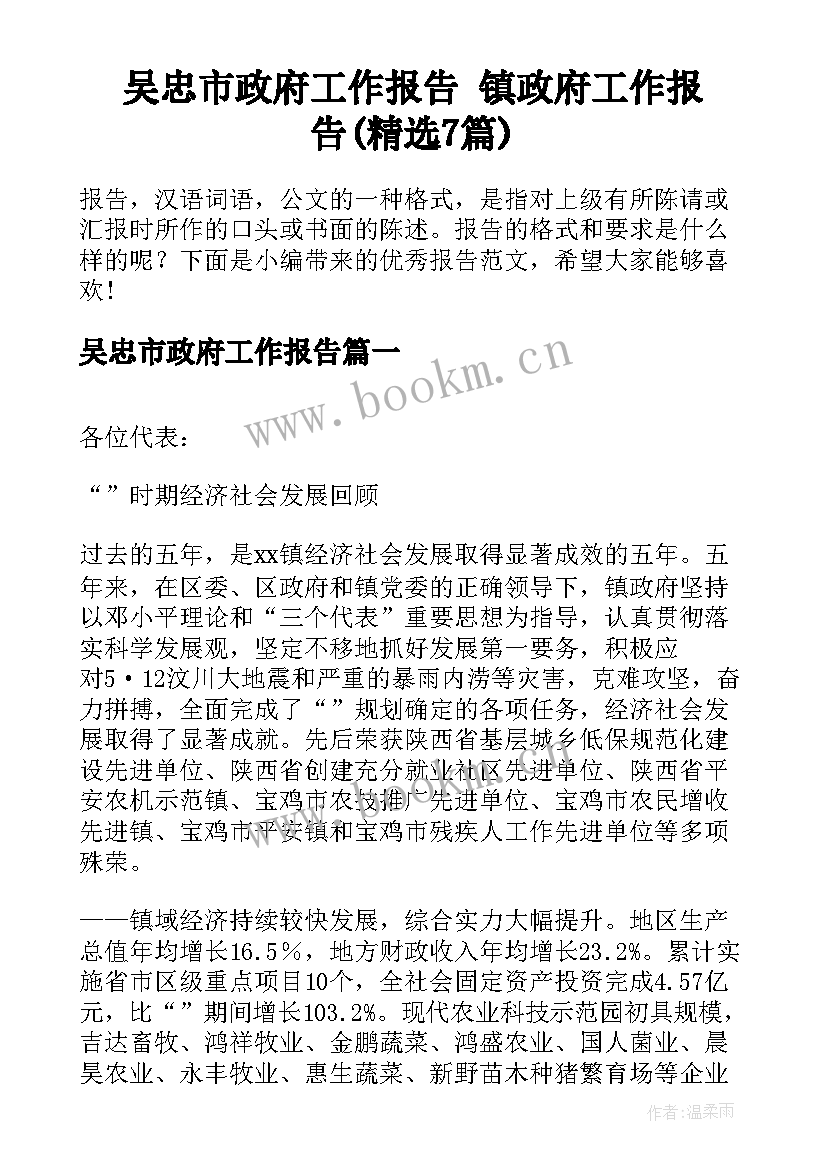 吴忠市政府工作报告 镇政府工作报告(精选7篇)