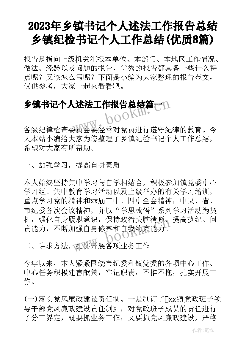 2023年乡镇书记个人述法工作报告总结 乡镇纪检书记个人工作总结(优质8篇)