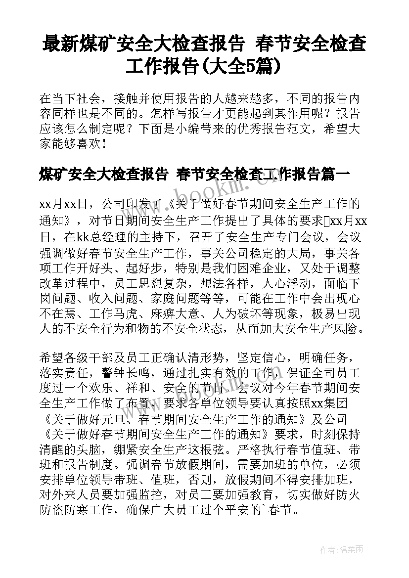 最新煤矿安全大检查报告 春节安全检查工作报告(大全5篇)