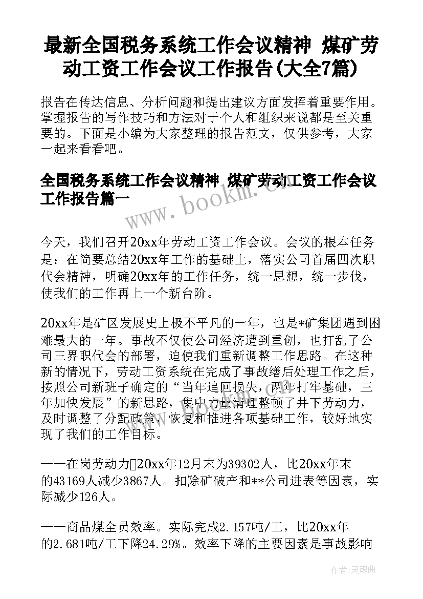 最新全国税务系统工作会议精神 煤矿劳动工资工作会议工作报告(大全7篇)