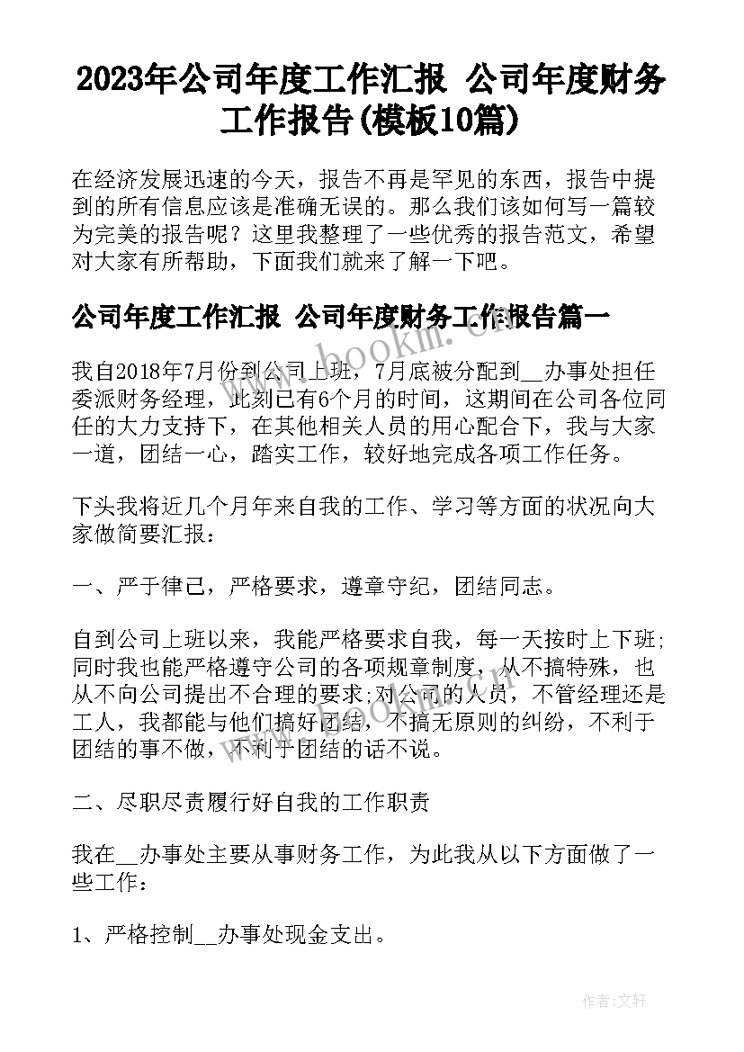 2023年公司年度工作汇报 公司年度财务工作报告(模板10篇)