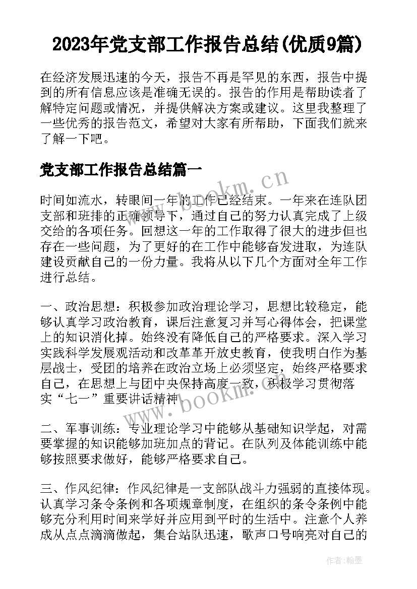 2023年党支部工作报告总结(优质9篇)