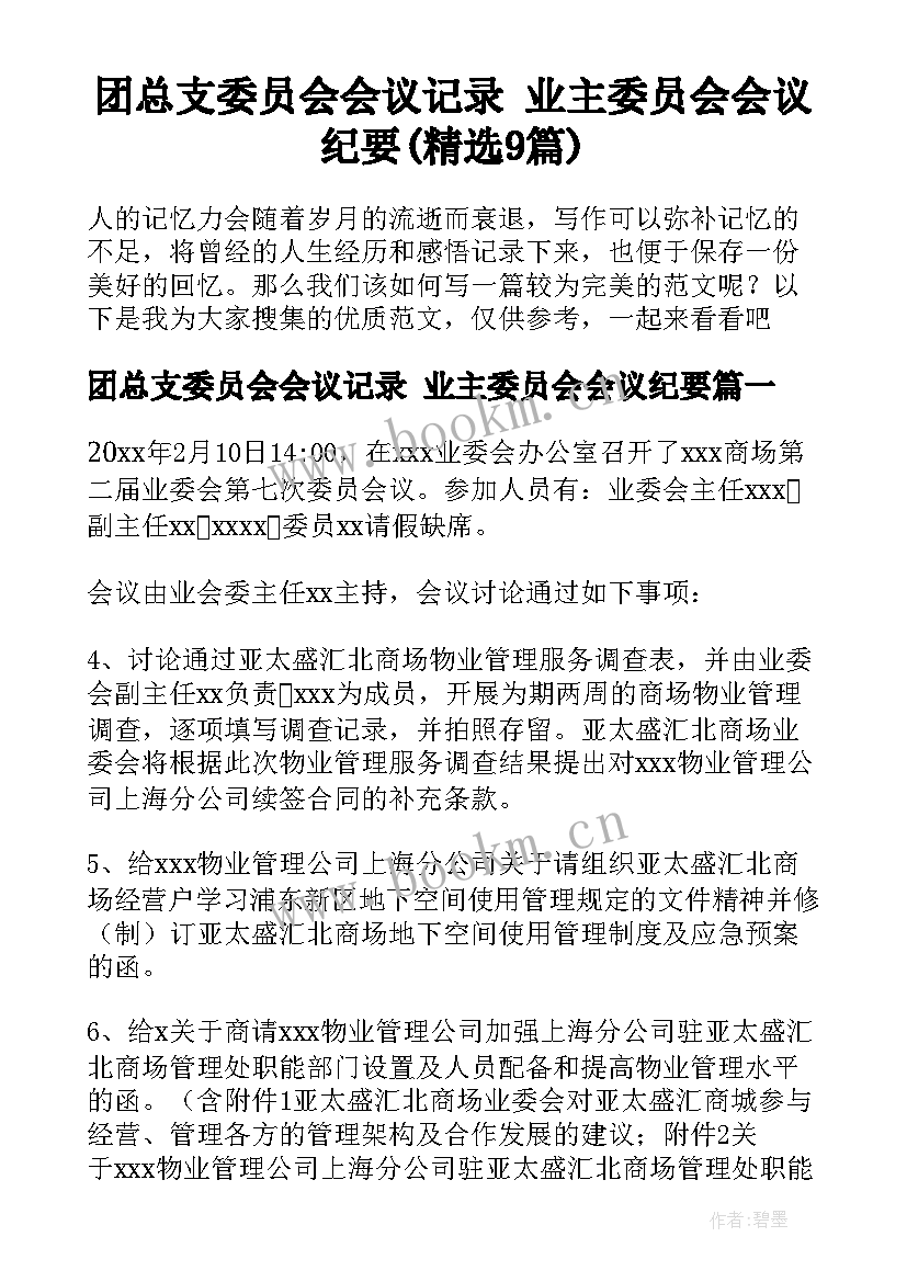 团总支委员会会议记录 业主委员会会议纪要(精选9篇)