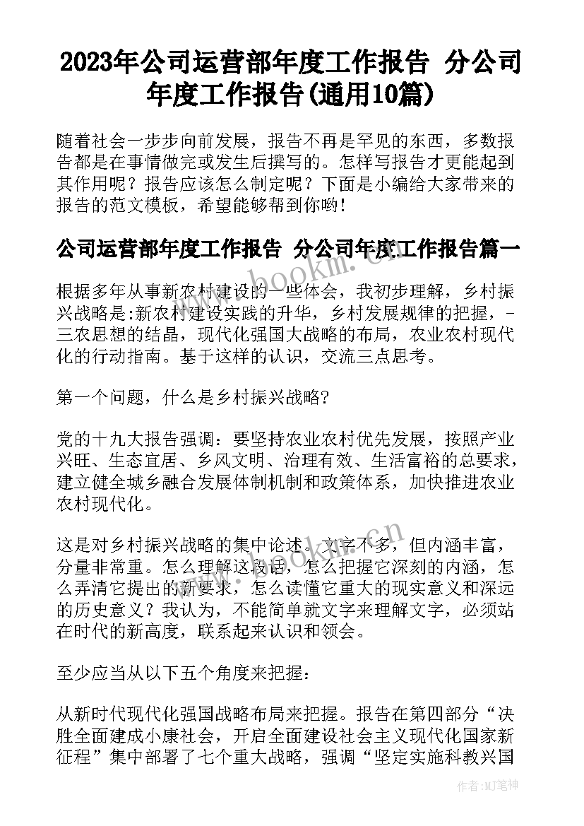 2023年公司运营部年度工作报告 分公司年度工作报告(通用10篇)