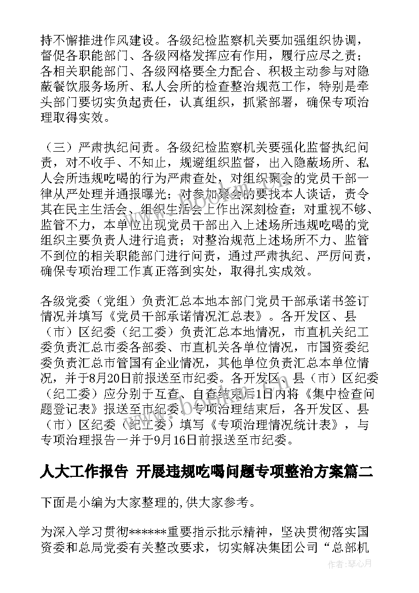 人大工作报告 开展违规吃喝问题专项整治方案(精选9篇)