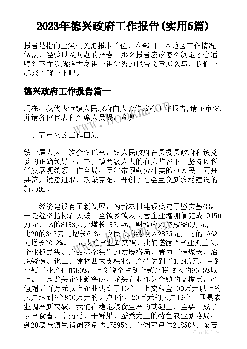 2023年德兴政府工作报告(实用5篇)