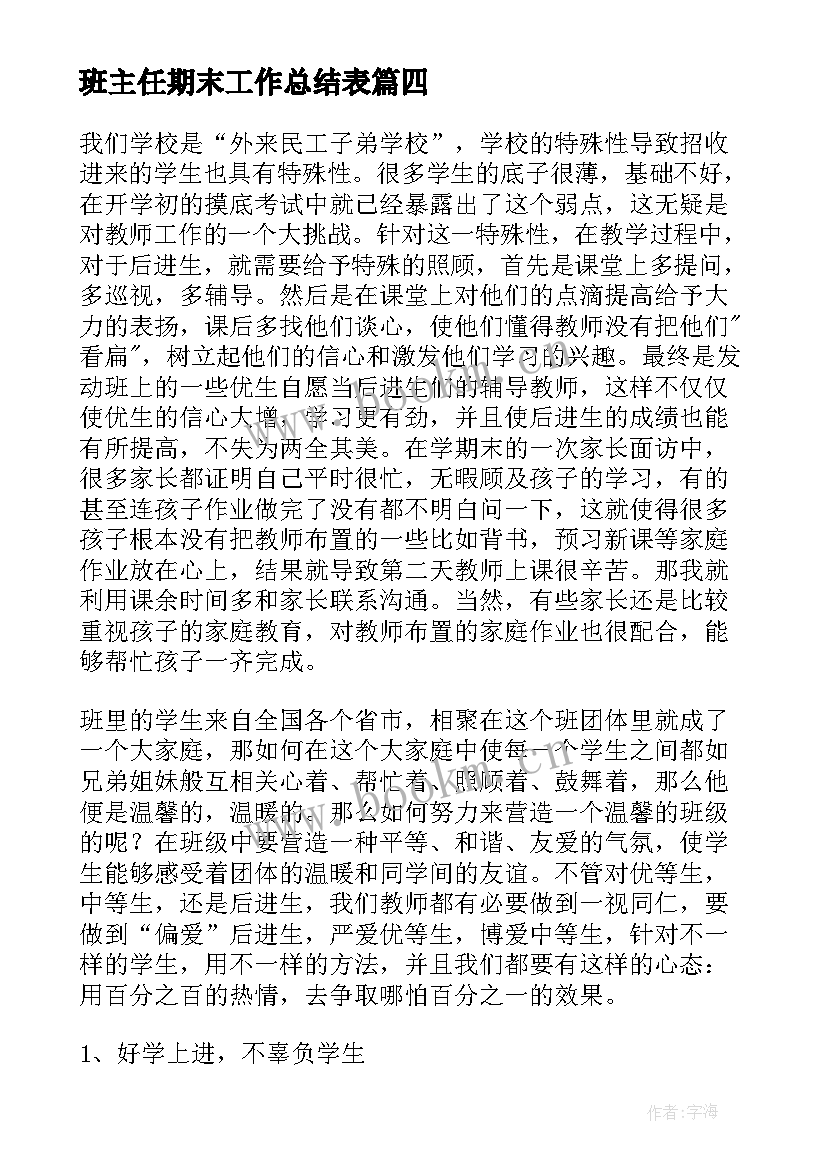 最新班主任期末工作总结表(实用6篇)