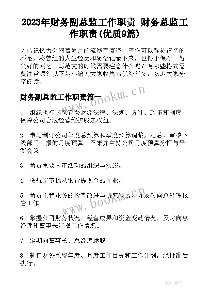 2023年财务副总监工作职责 财务总监工作职责(优质9篇)