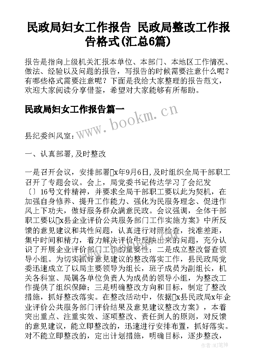 民政局妇女工作报告 民政局整改工作报告格式(汇总6篇)