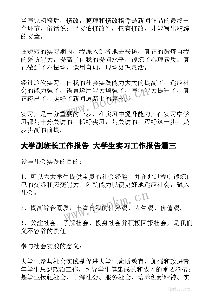 最新大学副班长工作报告 大学生实习工作报告(实用8篇)