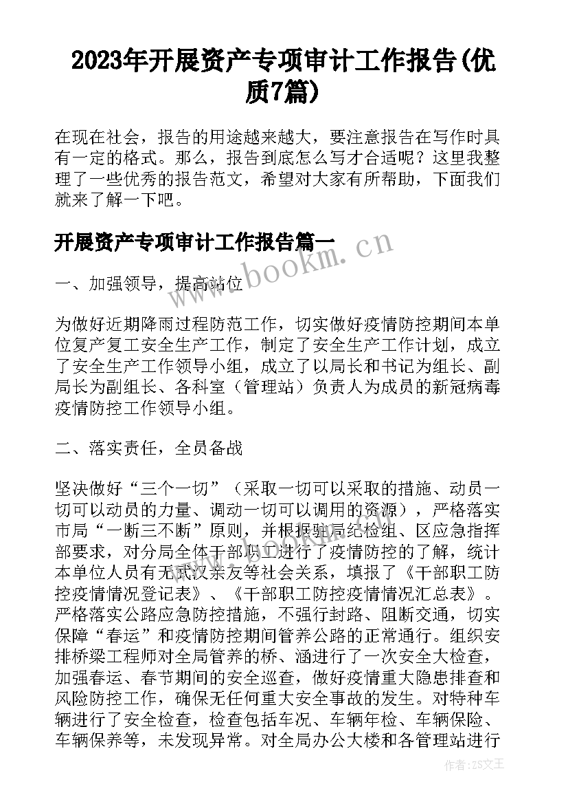 2023年开展资产专项审计工作报告(优质7篇)