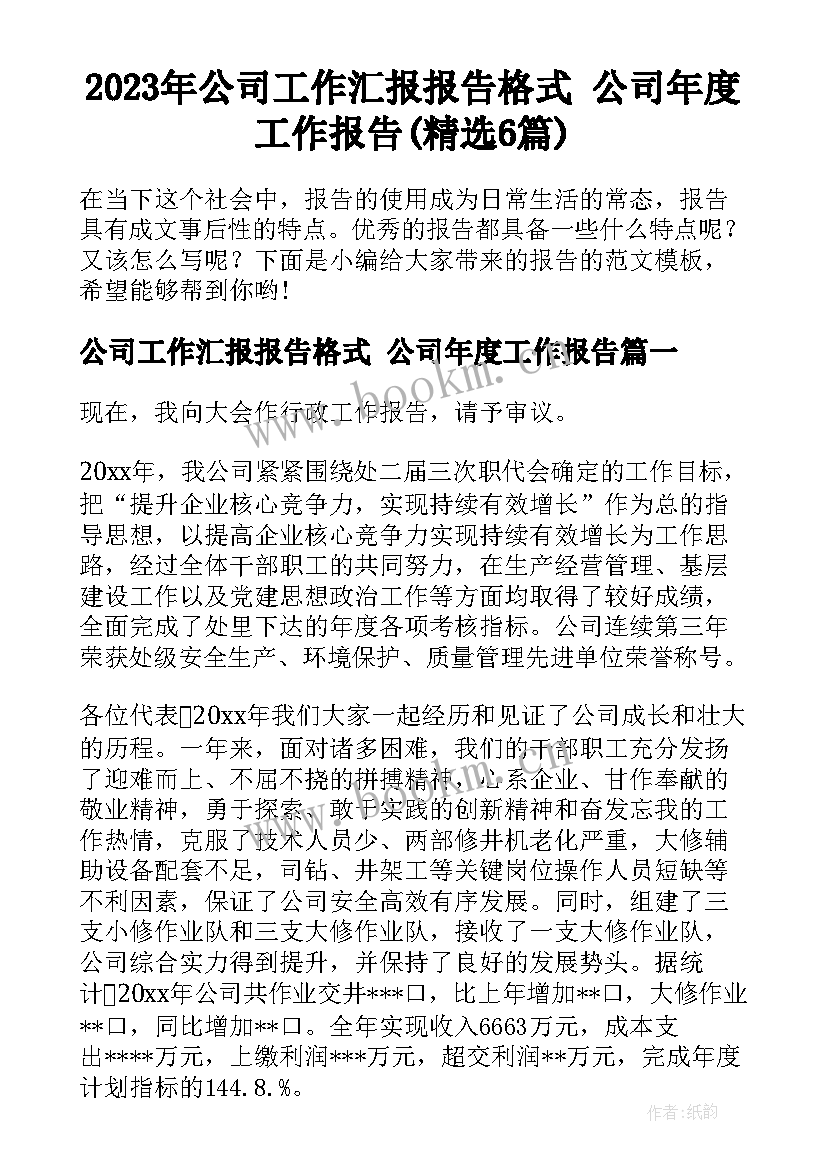 2023年公司工作汇报报告格式 公司年度工作报告(精选6篇)