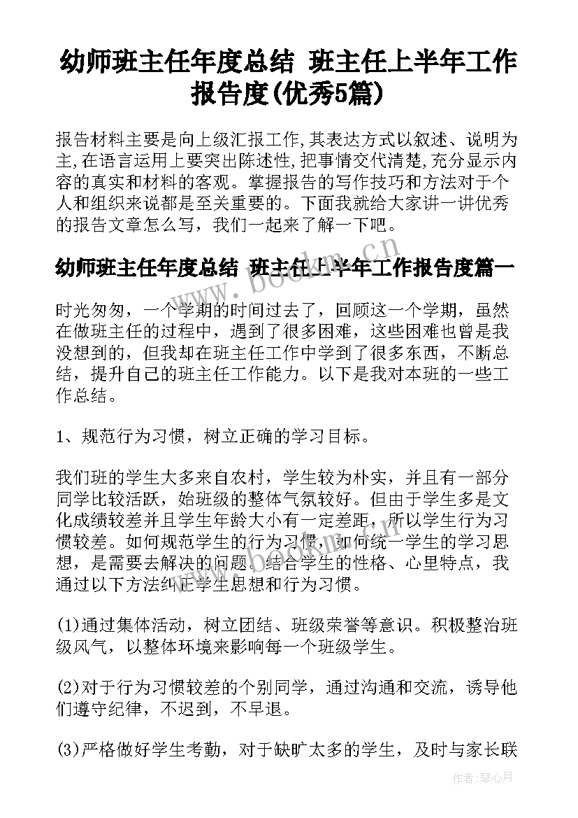 幼师班主任年度总结 班主任上半年工作报告度(优秀5篇)