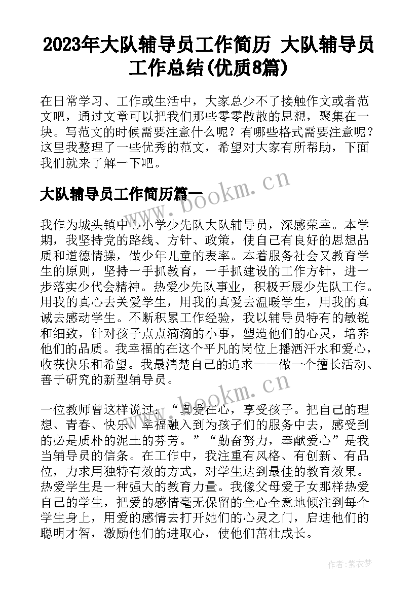 2023年大队辅导员工作简历 大队辅导员工作总结(优质8篇)