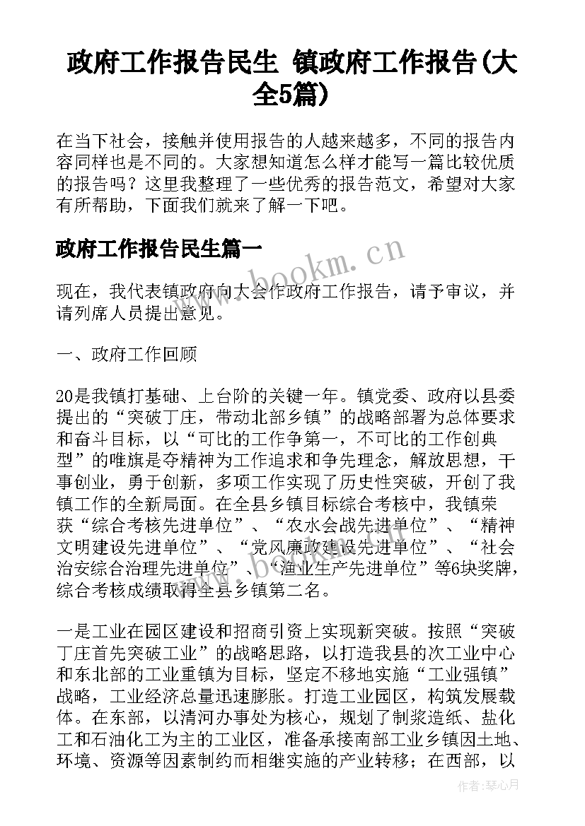 政府工作报告民生 镇政府工作报告(大全5篇)