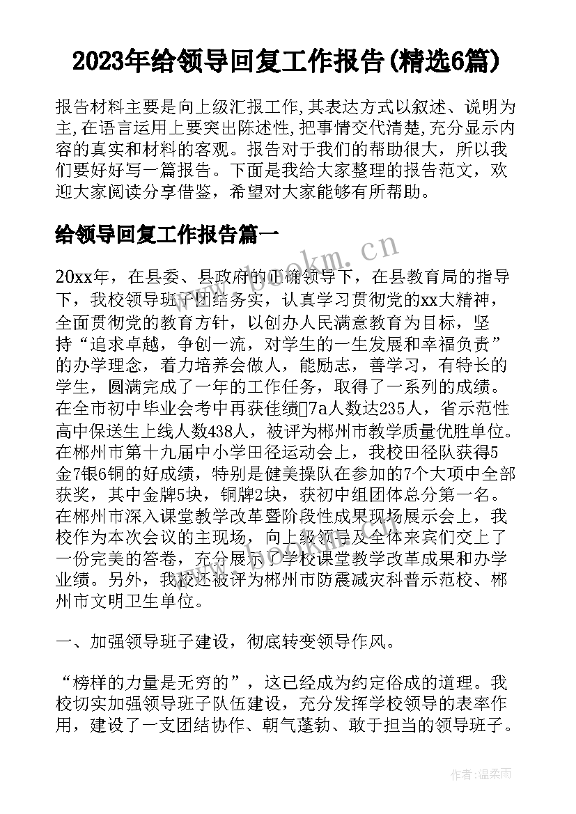 2023年给领导回复工作报告(精选6篇)