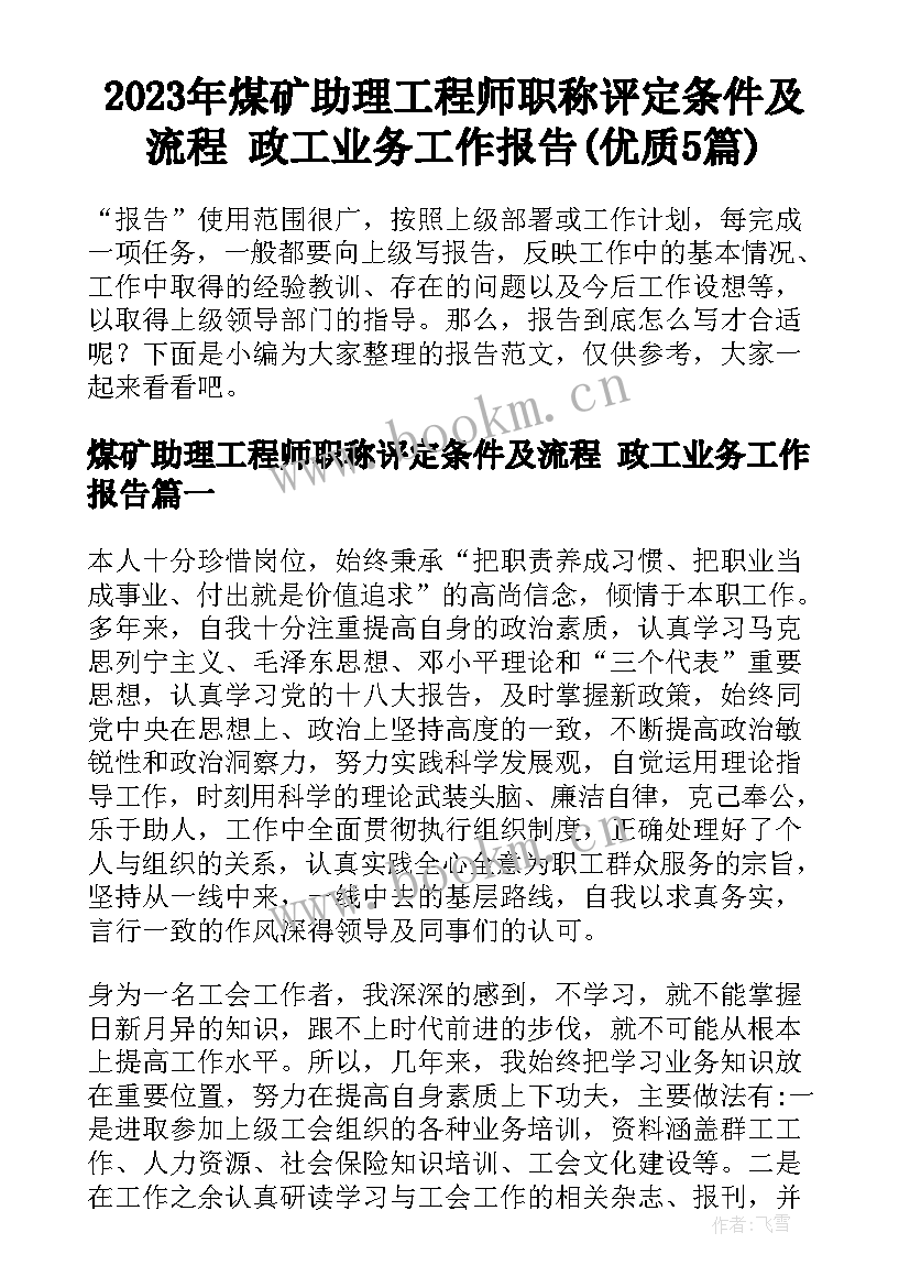 2023年煤矿助理工程师职称评定条件及流程 政工业务工作报告(优质5篇)