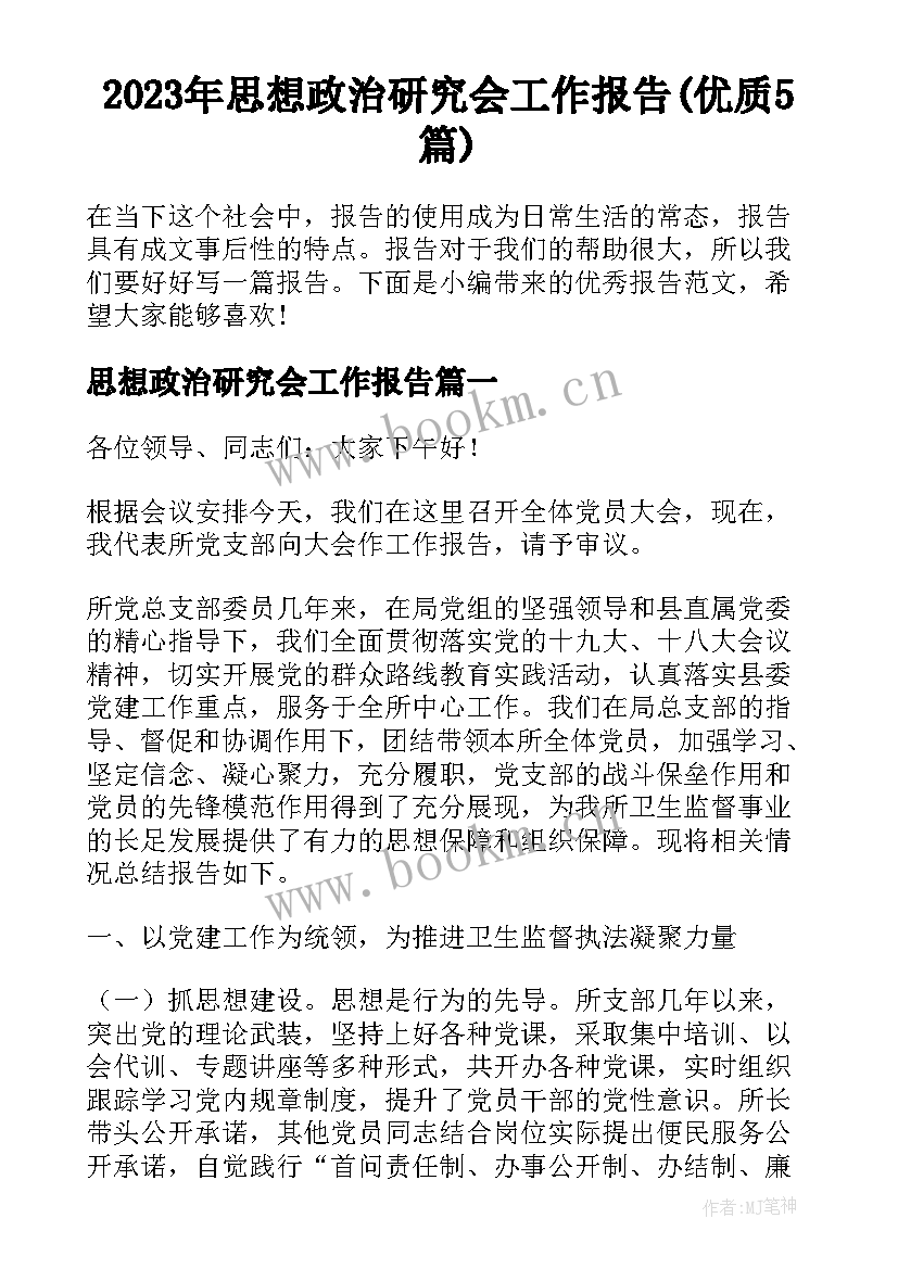 2023年思想政治研究会工作报告(优质5篇)