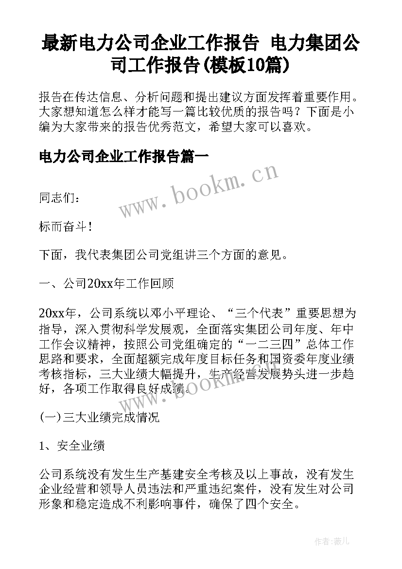 最新电力公司企业工作报告 电力集团公司工作报告(模板10篇)