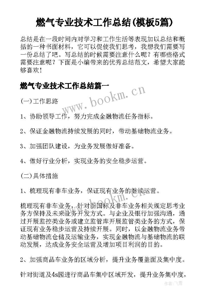 燃气专业技术工作总结(模板5篇)