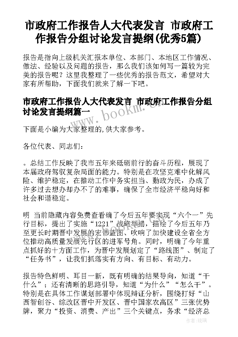 市政府工作报告人大代表发言 市政府工作报告分组讨论发言提纲(优秀5篇)