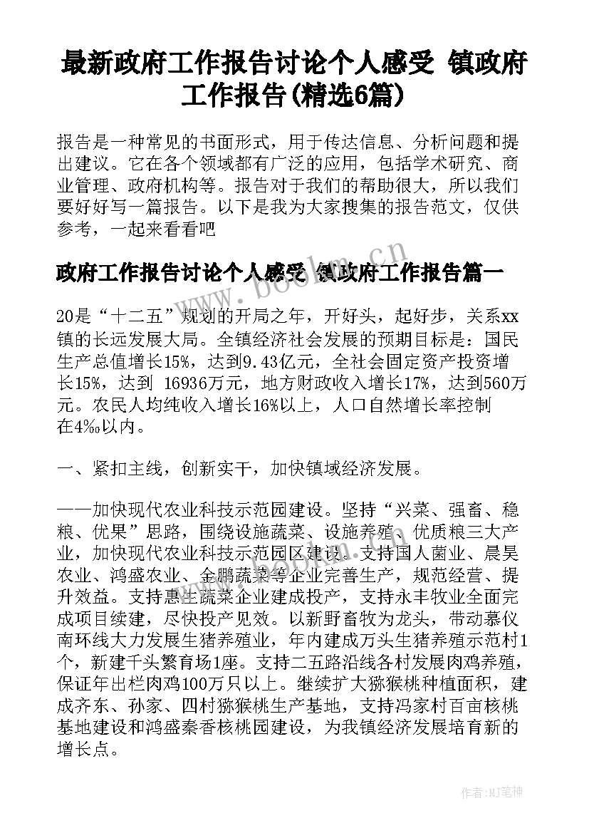 最新政府工作报告讨论个人感受 镇政府工作报告(精选6篇)