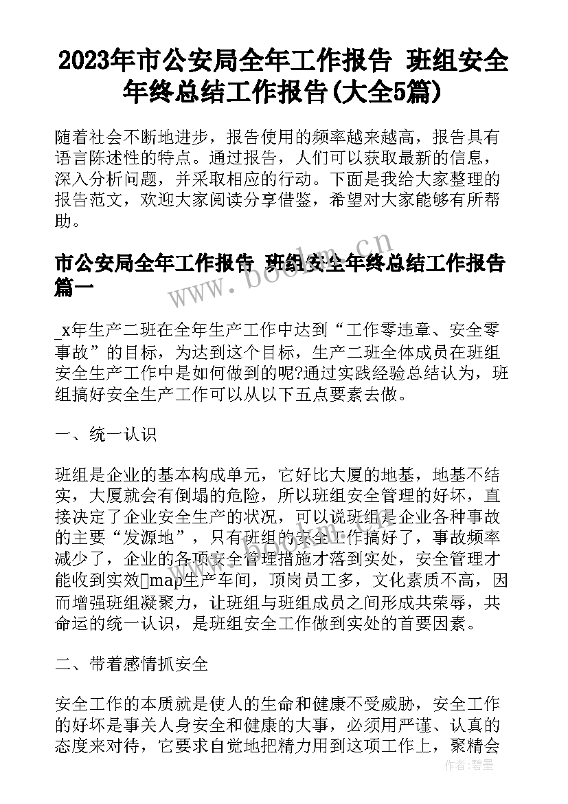 2023年市公安局全年工作报告 班组安全年终总结工作报告(大全5篇)