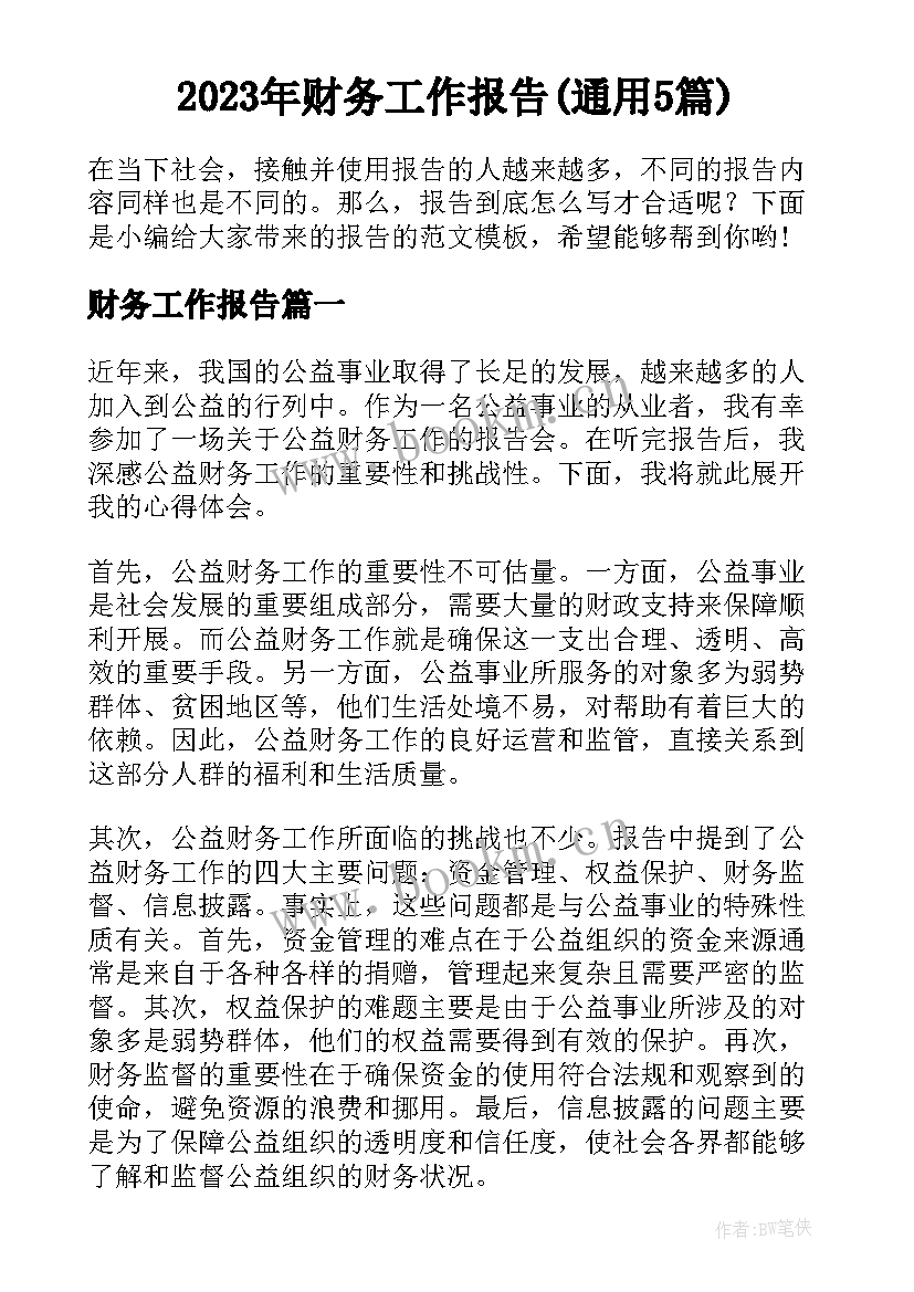 2023年财务工作报告(通用5篇)