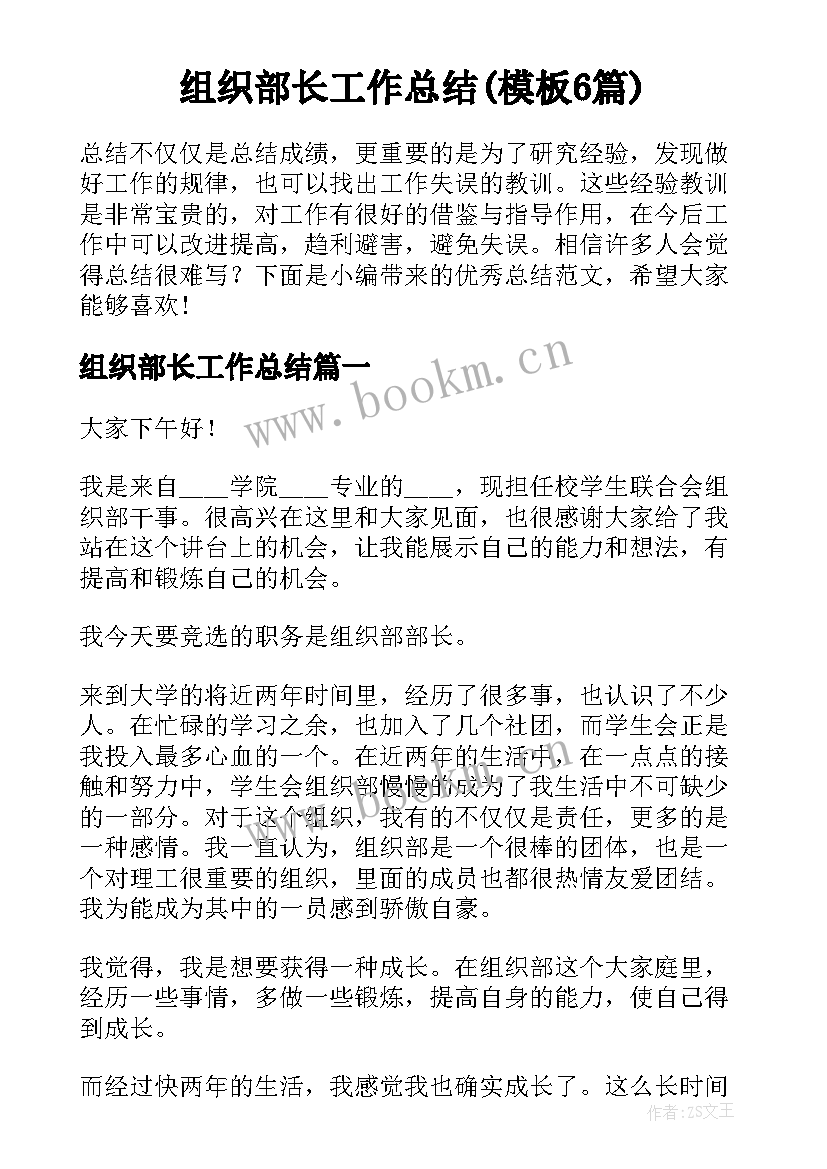 组织部长工作总结(模板6篇)