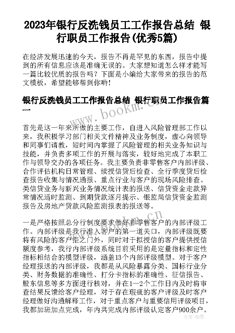 2023年银行反洗钱员工工作报告总结 银行职员工作报告(优秀5篇)