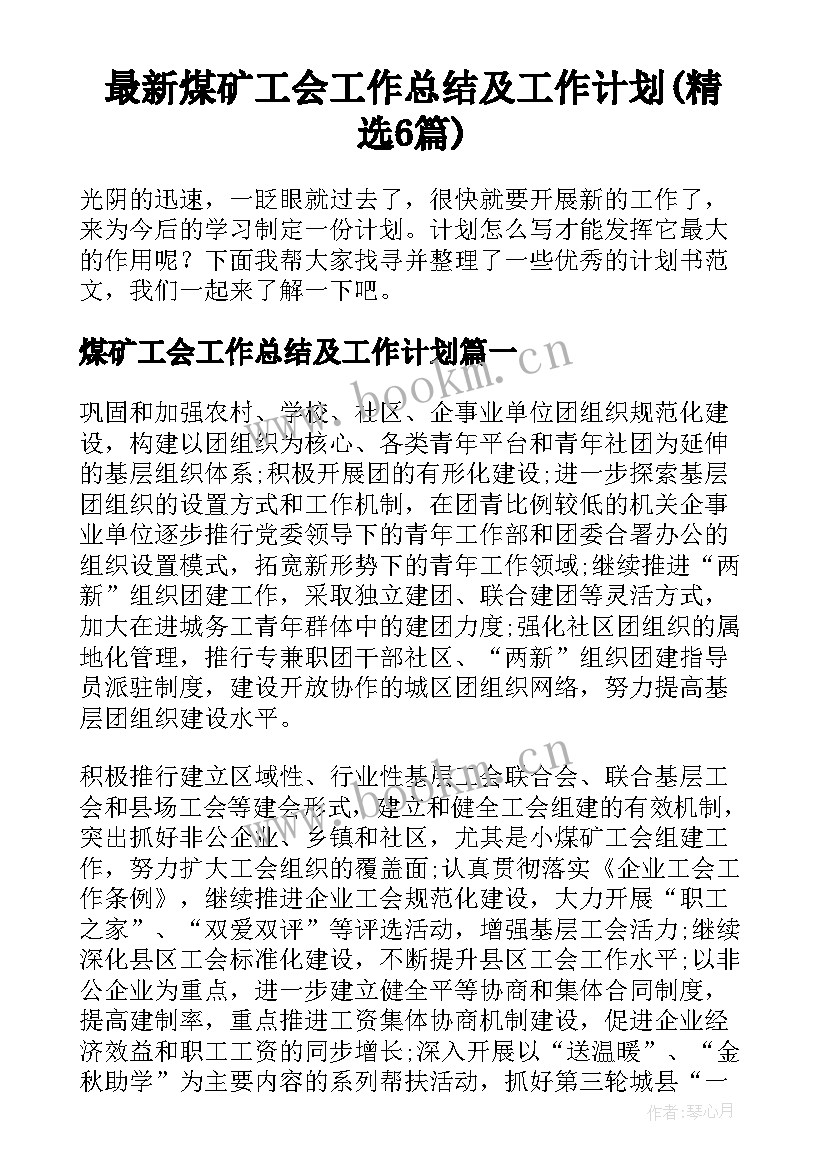 最新煤矿工会工作总结及工作计划(精选6篇)