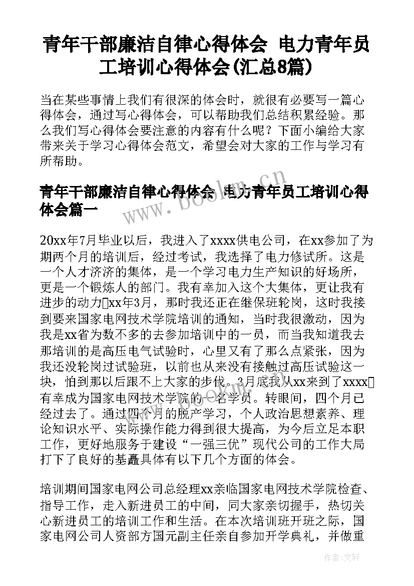 青年干部廉洁自律心得体会 电力青年员工培训心得体会(汇总8篇)