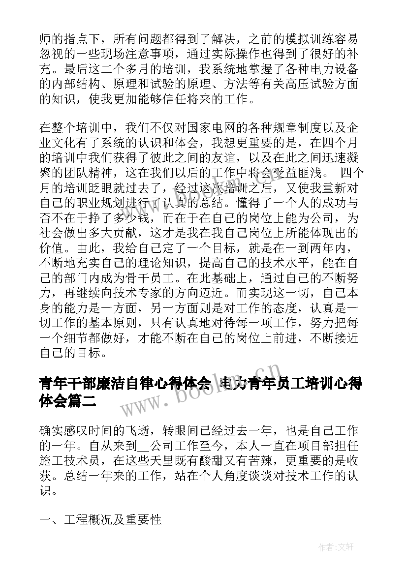 青年干部廉洁自律心得体会 电力青年员工培训心得体会(汇总8篇)